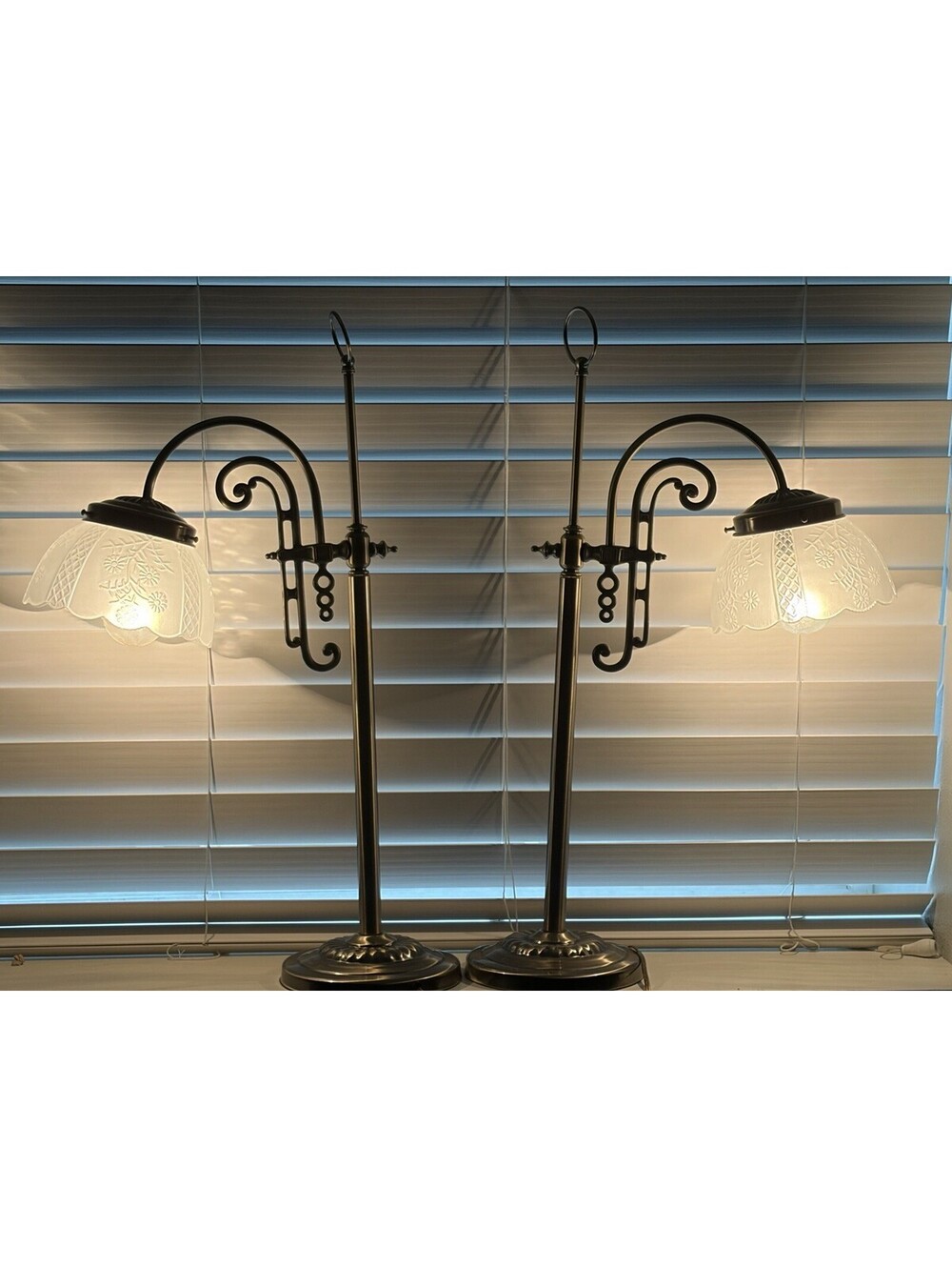 Pair Of Art Nouveau Style Bridge Arm Table Lamp w/ Glass Shade Gold 21" EUC